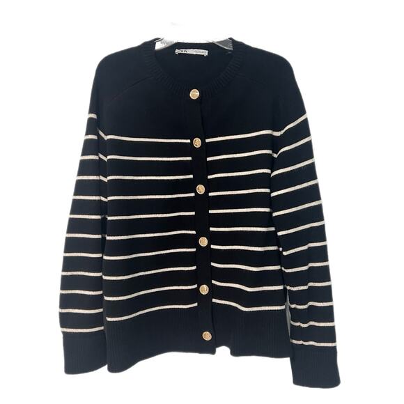 Zara Women's Lady Knit Cardigan Large Gold Buttons Black Ivory Striped Career - Picture 1 of 11